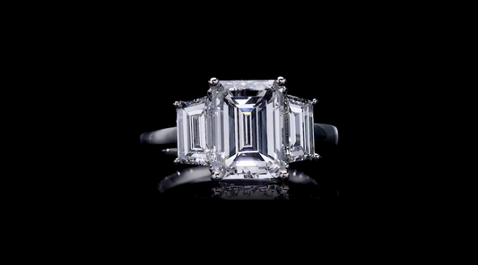 14K Emerald Cut Three Stone Lab Grown Diamond Ring.